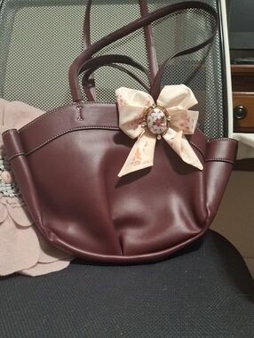Zara Wine Red Tote with Floral Bow Accent